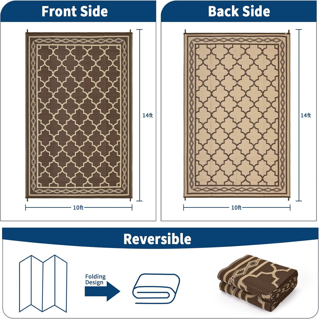 10X14 Outdoor Rug Waterproof Reversible Patio Rug Brown/Coffee