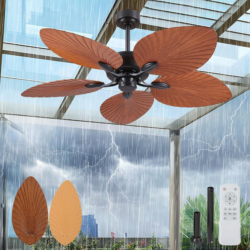 52 Inch Waterproof Outdoor Palm Leaf Ceiling Fans without Lights and Remote