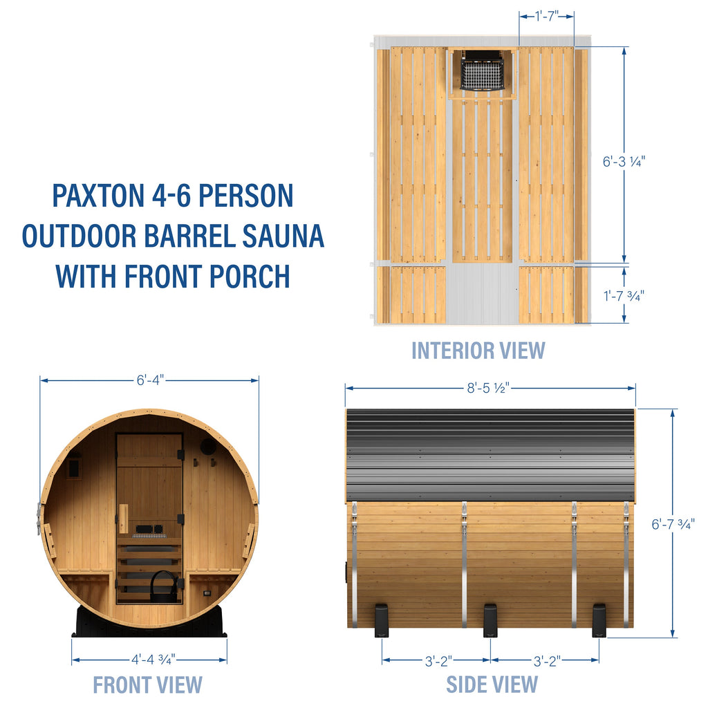 Paxton Outdoor Barrel Sauna with Porch - 4-6 Person