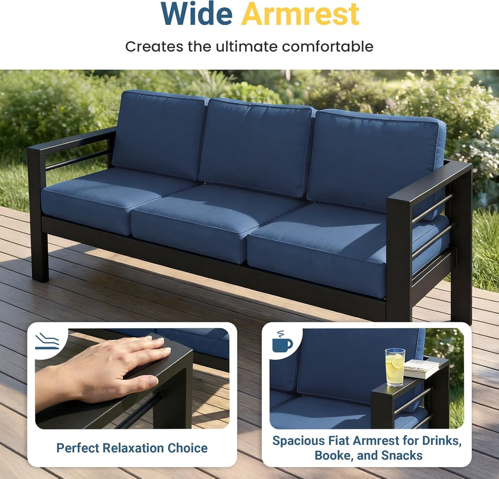 5 Pieces Aluminum Patio Furniture Set with Umbrella, All Weather Oversized Outdoor Furniture Set with Deep Seat and Back Cushion, Patio Conversation Sets with Wide Armrest, Blue & Navy
