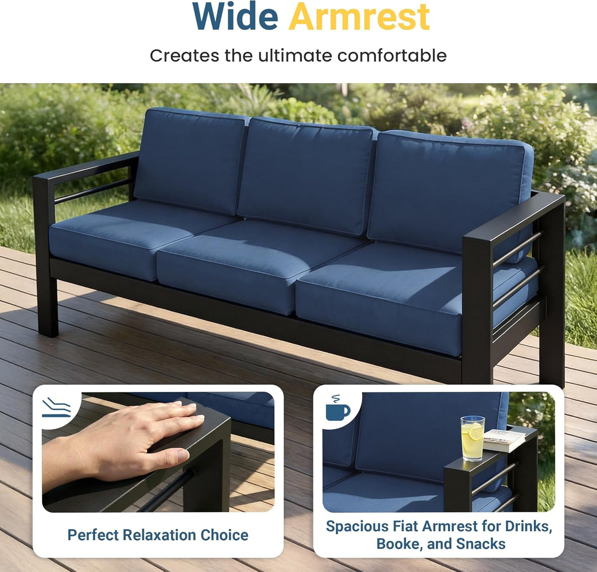 5 Pieces Aluminum Patio Furniture Set with Umbrella, All Weather Oversized Outdoor Furniture Set with Deep Seat and Back Cushion, Patio Conversation Sets with Wide Armrest, Blue & Navy
