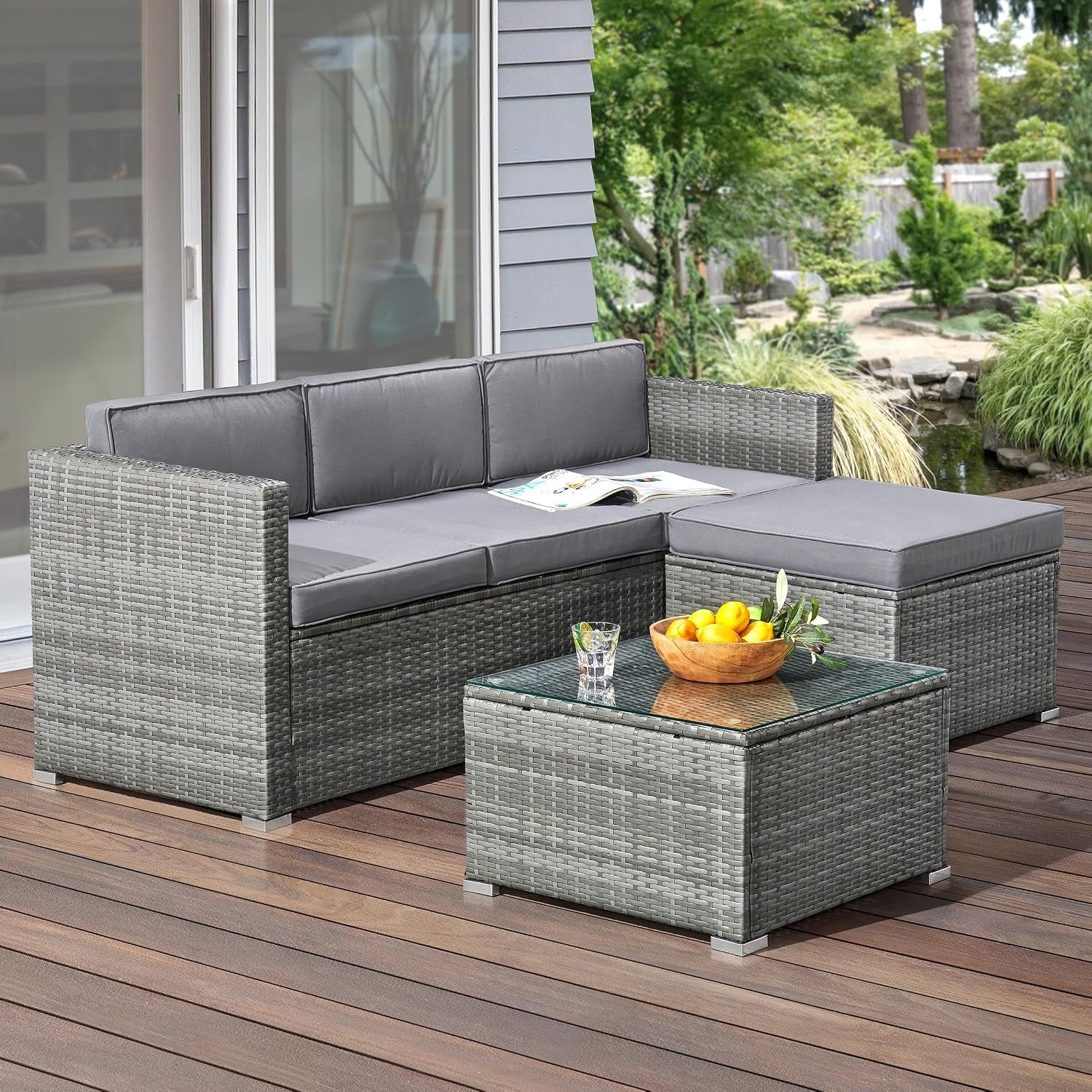 Patio Furniture Set - 3-Piece Rattan Outdoor Sectional, Ottoman, and Table Combo - Deck, Pool, Sunroom, or Backyard Furniture by  (Gray)
