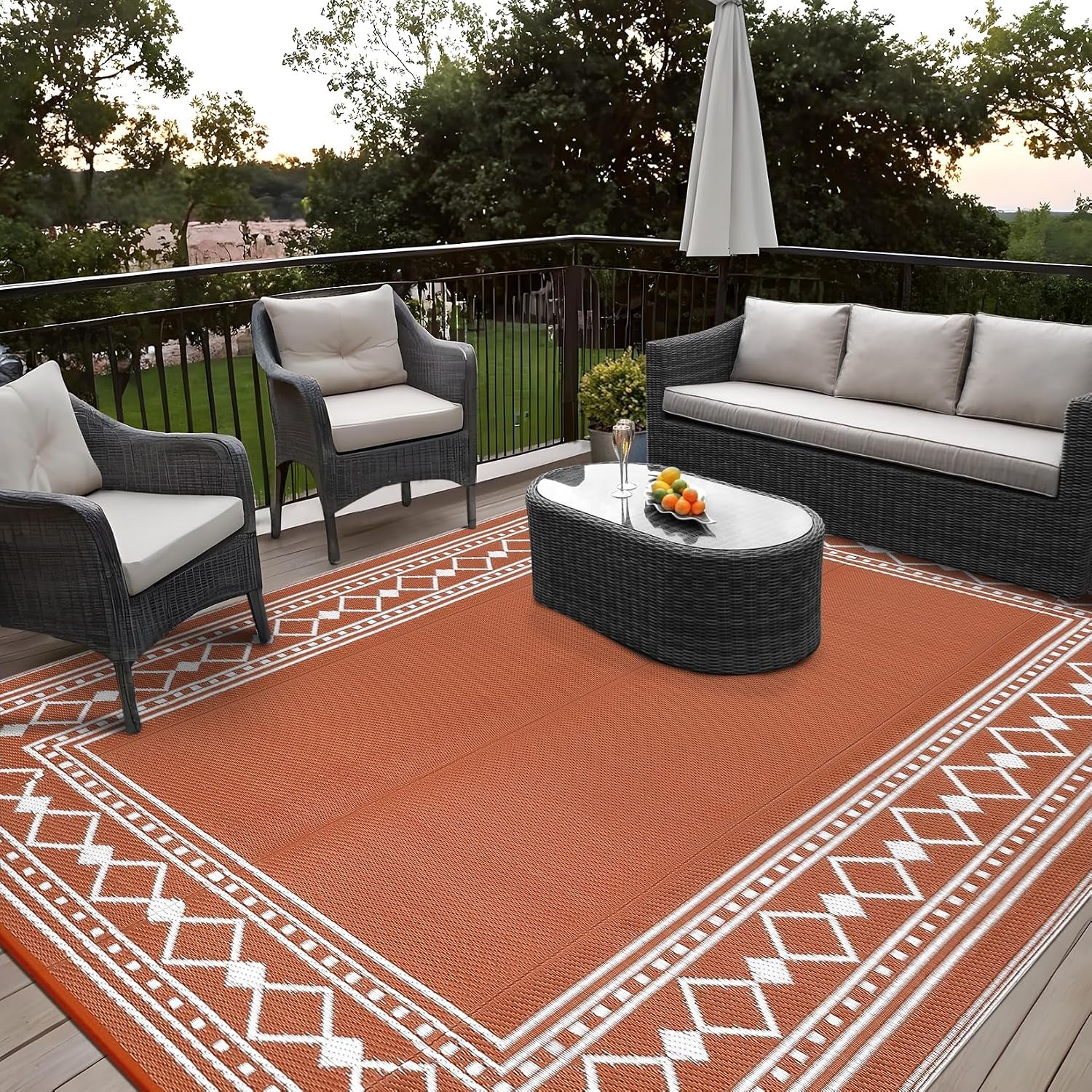 Outdoor Rug 8X10 Waterproof Patio Rugs Modern Bordered Reversible Mat for Front Door Rv Foldable Plastic Straw Carpet for Travel Trailers, Deck, Picnic, Porch, Camper, Balcony, Beach, Terracotta
