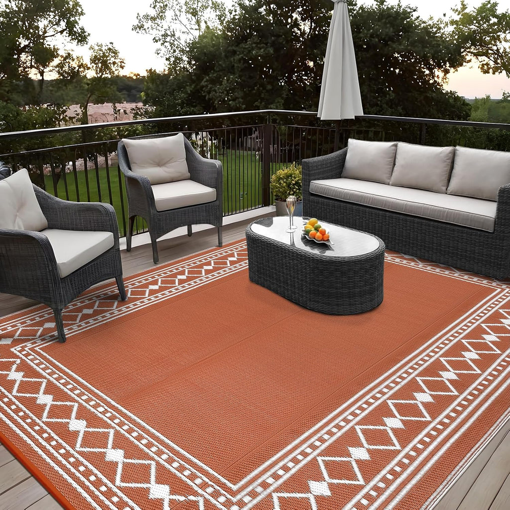 Outdoor Rug 8X10 Waterproof Patio Rugs Modern Bordered Reversible Mat for Front Door Rv Foldable Plastic Straw Carpet for Travel Trailers, Deck, Picnic, Porch, Camper, Balcony, Beach, Terracotta