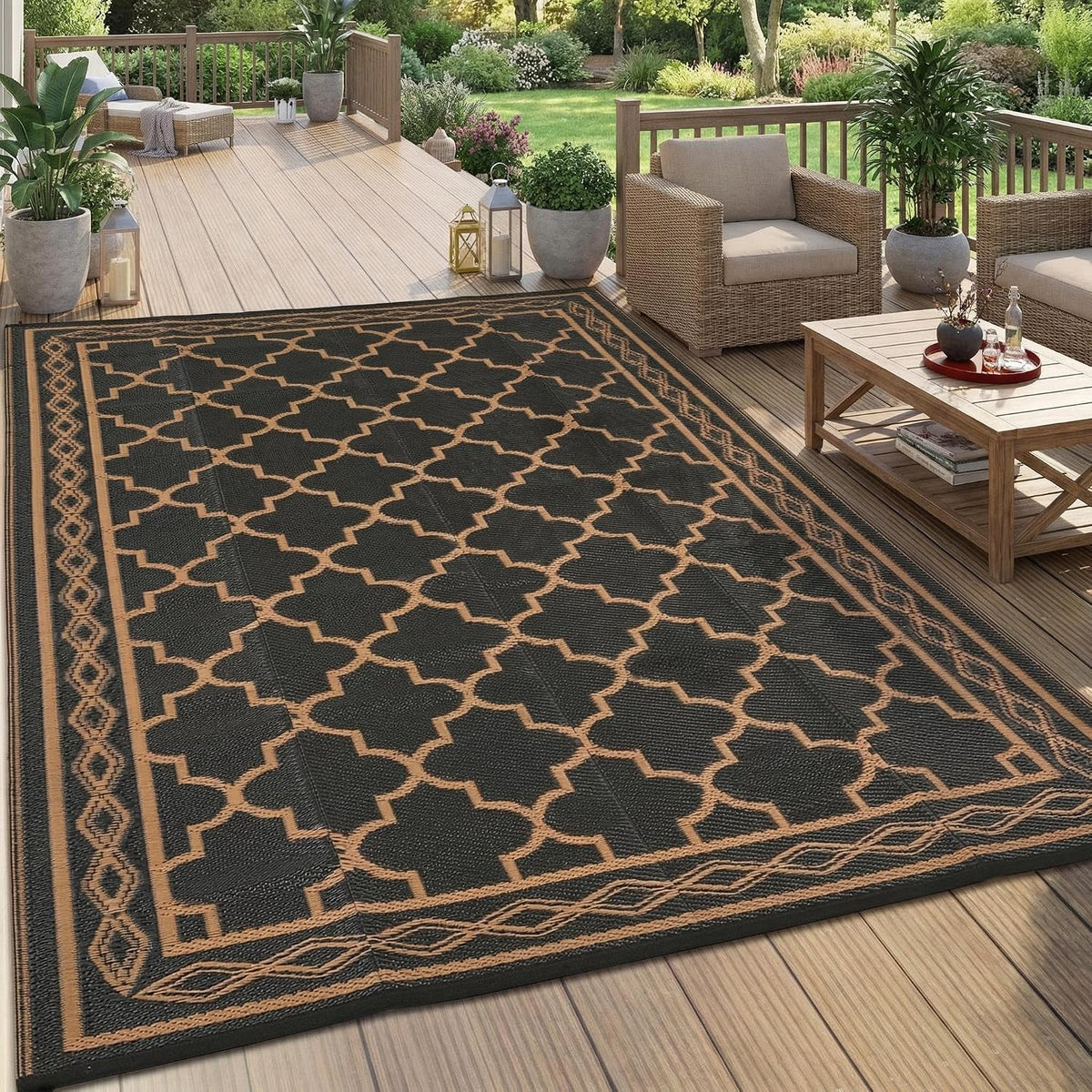 Outdoor Rug 9X18 Reversible Outdoor Plastic Area Rug Modern Decorative Carpet for Patio Deck Balcony, Waterproof Lightweight RV Mat for Porch,Camper,Backyard, Black/Brown