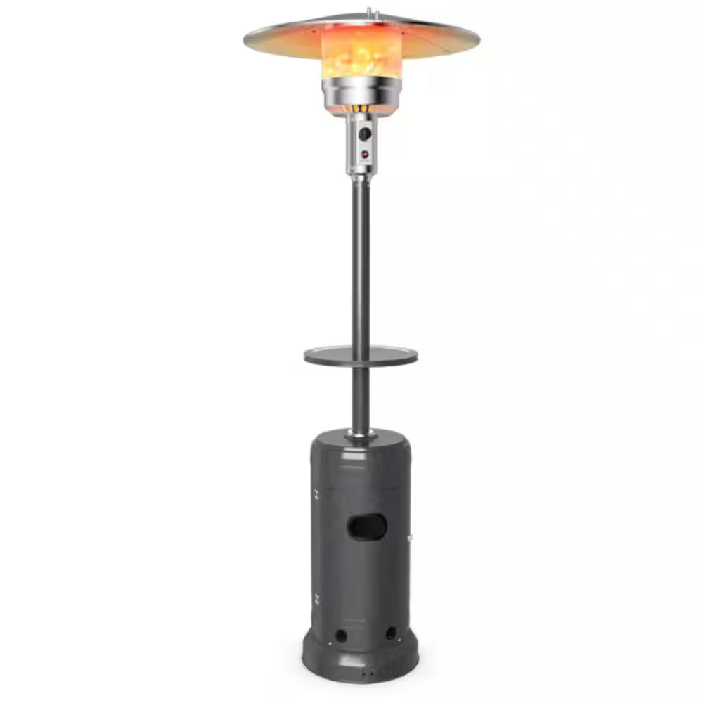 48,000 BTU Gray Outdoor Propane Patio Heater with Table and Wheels, Tip-Over Protection, Freestanding Outdoor Heater