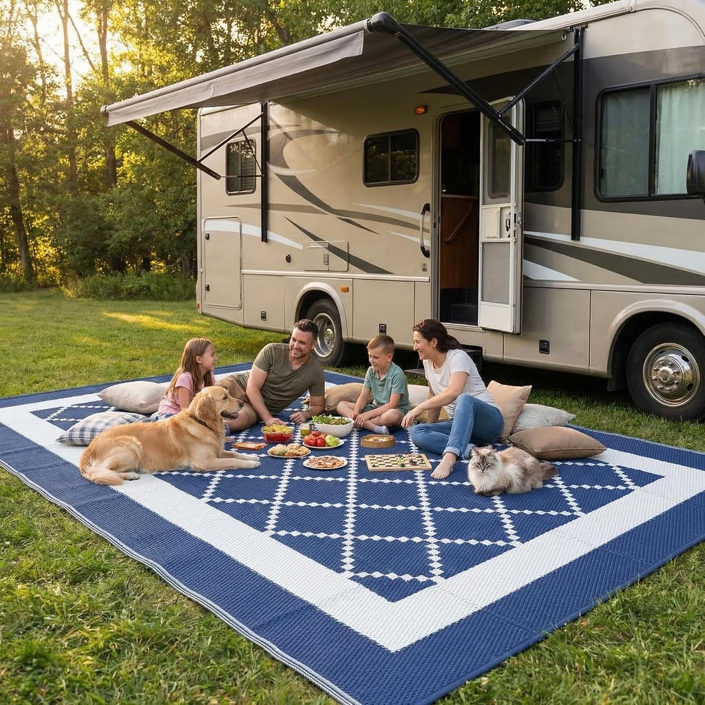 Outdoor Rug 8X10 Patio Waterproof Reversible Plastic Straw Rug, Large Uv-Resistant Portable RV Camping Mats with 4 Stakes & Carry Bag Boho Geometric Carpet for outside Deck Porch Garden, Navy