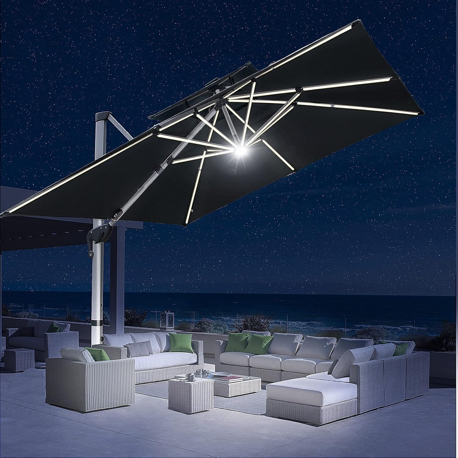 10X10 FT Square Cantilever Patio Umbrella with Solar LED Lights and Cross Base, 360° Rotation Large Heavy Duty Offset Outdoor Umbrella with Easy Tilt for Pool Backyard Deck Garden, Grey