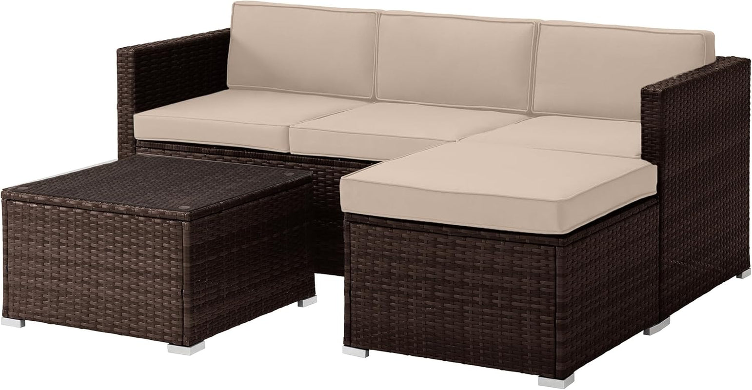 Patio Furniture Set - 3-Piece Rattan Outdoor Sectional, Ottoman, and Table Combo - Deck, Pool, Sunroom, or Backyard Furniture (Brown)