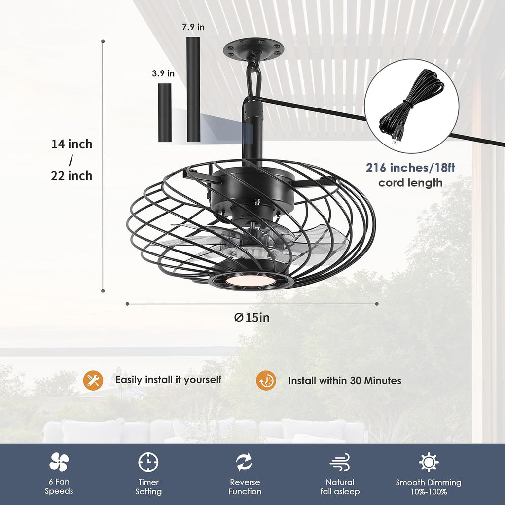15" Black Outdoor Ceiling Fan with Remote Dimmable Light