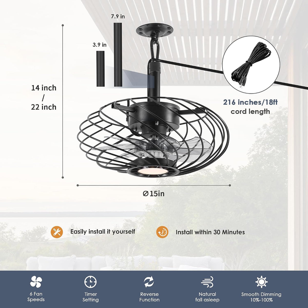 15" Black Outdoor Ceiling Fan with Remote Dimmable Light