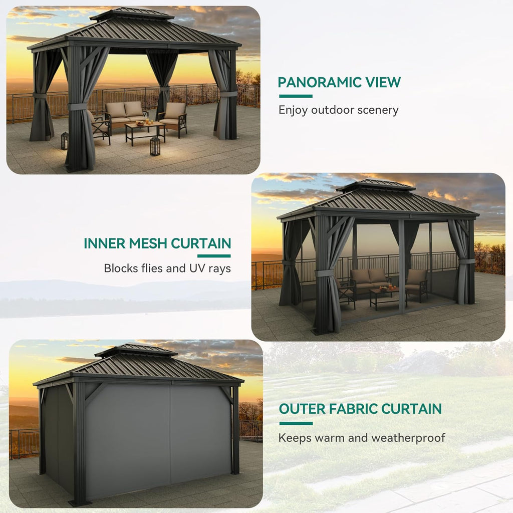 10X12Ft Hardtop Gazebo with Nettings and Curtains Heavy Duty