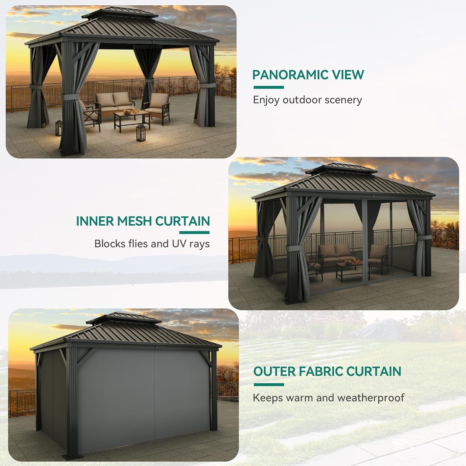10X12Ft Hardtop Gazebo with Nettings and Curtains Heavy Duty