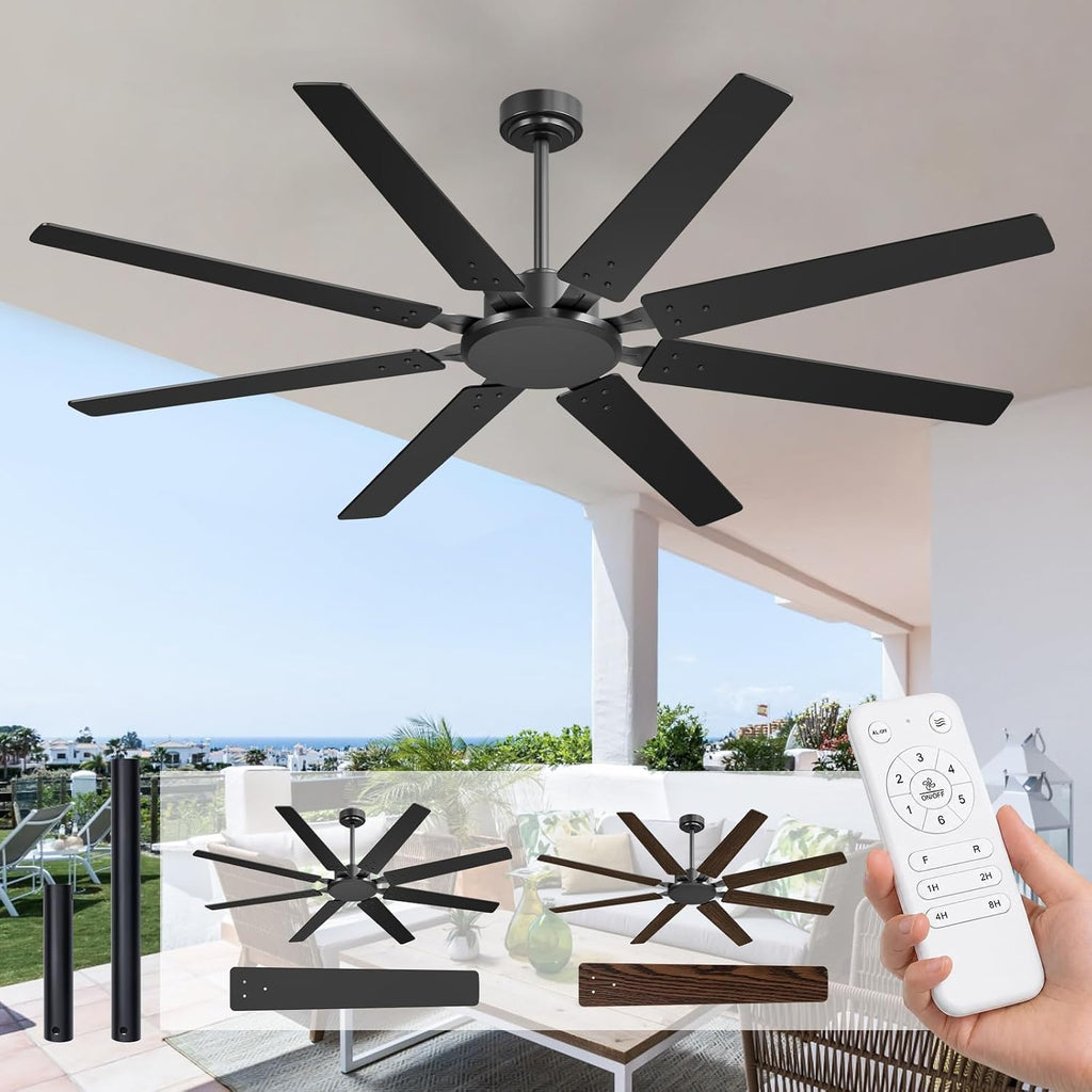 72 Inch Outdoor Ceiling Fan No Light with Remote,Black