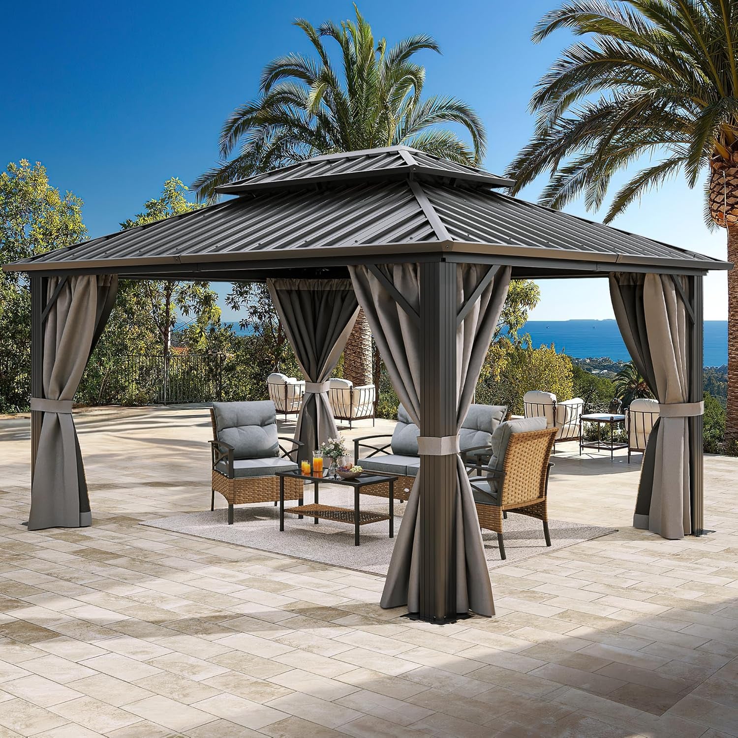 10X12Ft Hardtop Gazebo with Nettings and Curtains Heavy Duty