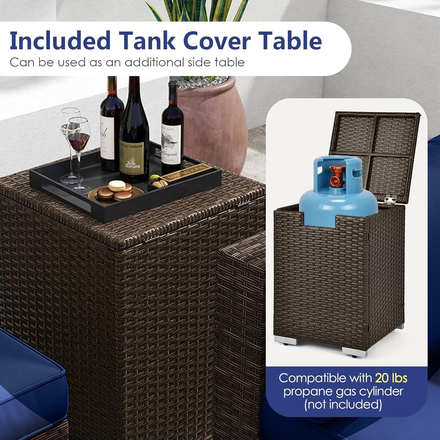 7 Pieces Patio Furniture Set with 32” Fire Pit Table and Propane Tank Cover, Outdoor PE Wicker Sectional Conversation Set with Cushions for Deck, Backyard, Protective Cover Included