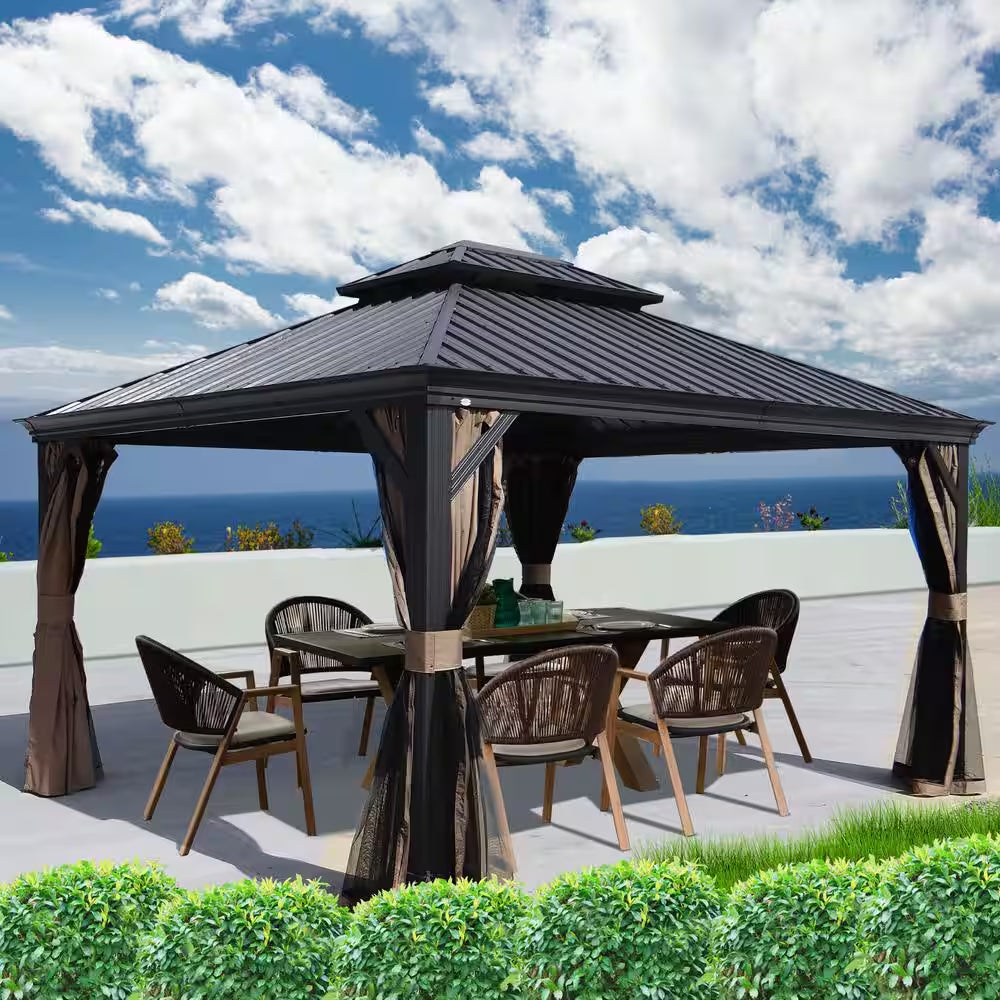 Alexander 14 Ft. D X 9 Ft. H X 12 Ft. W Aluminum Hardtop with Gazebo Galvanized Steel Roof, Nettings & Curtains(Gray)