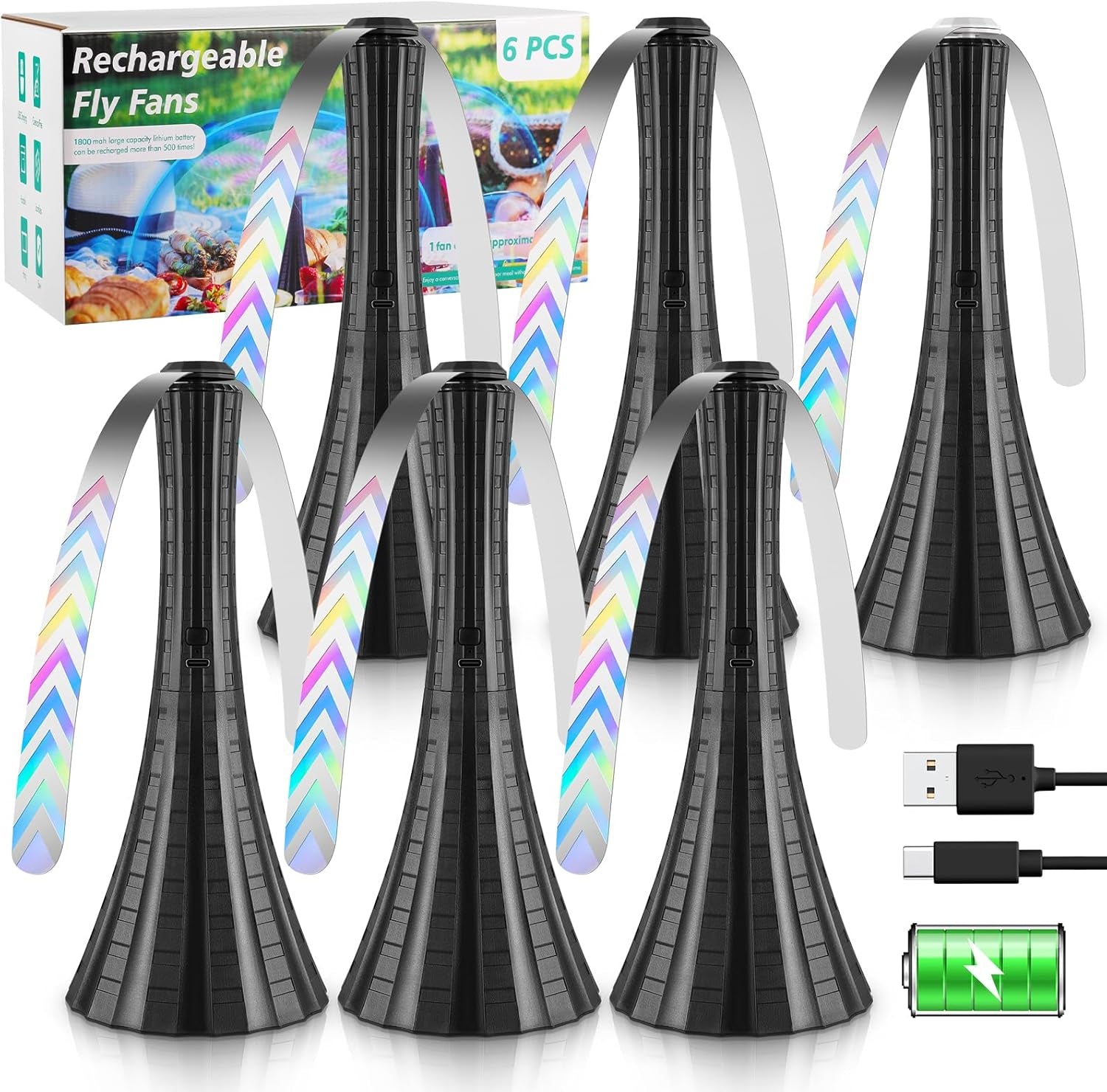 Fly Fans for Tables Rechargeable, Flies Fan USB, Fly Repellent Outdoor Patio to Keep Bugs Away by Soft Blades, Food Fans for Camping, Picnic, Fishing, 6PCS