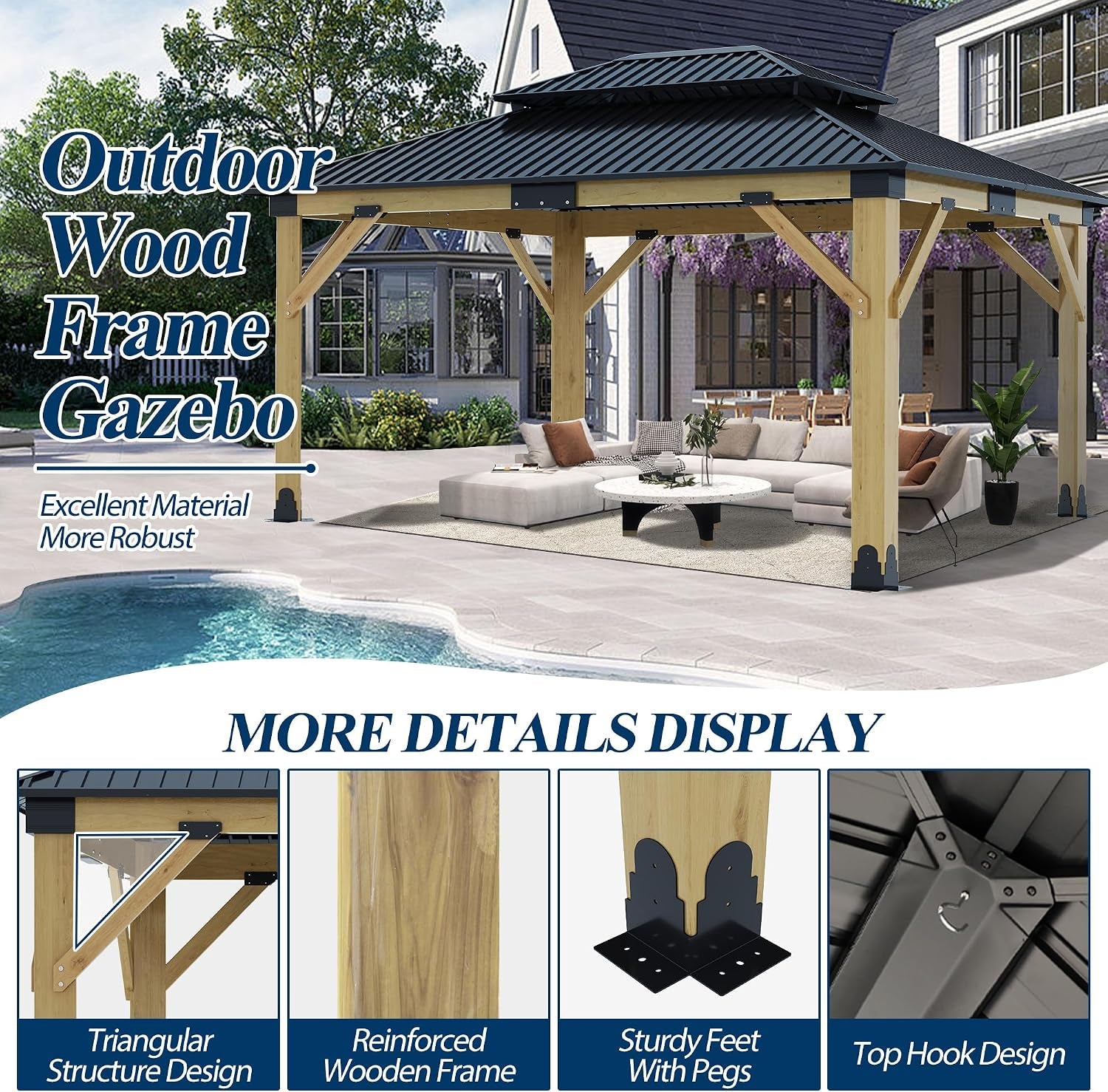 13FT X 15FT Outdoor Wooden Gazebo, Beige