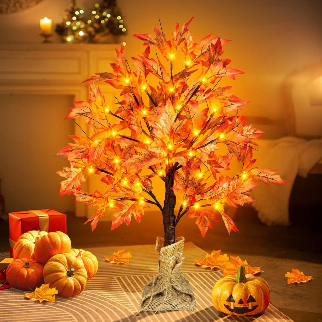 24 Inch Lighted Fall Maple Tree - 2FT Thanksgiving Tabletop Lamp Decor with 36 LED Lights, 72 Maple Leaves, 6 Acorns, Timer, Burlap Base, Battery Operated Fall Artificial Tree for Indoor
