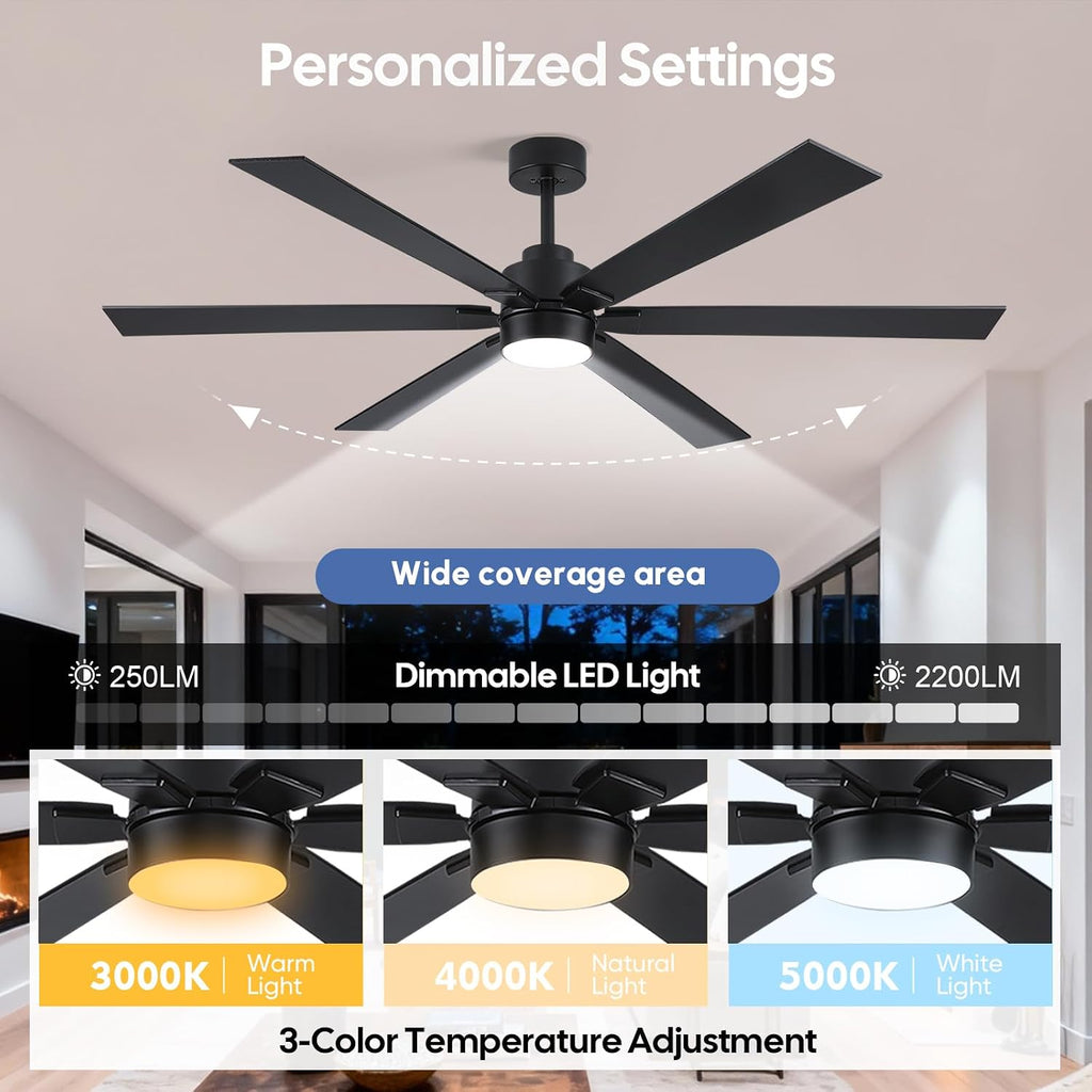 66 Inch Outdoor Smart Ceiling Fan with Light, Works with Alexa, App & Remote Control, Black Modern Style with 6 Blades, High CFM Quiet DC Motor, Damp Rated for Covered Patio & Large Indoor Living Room