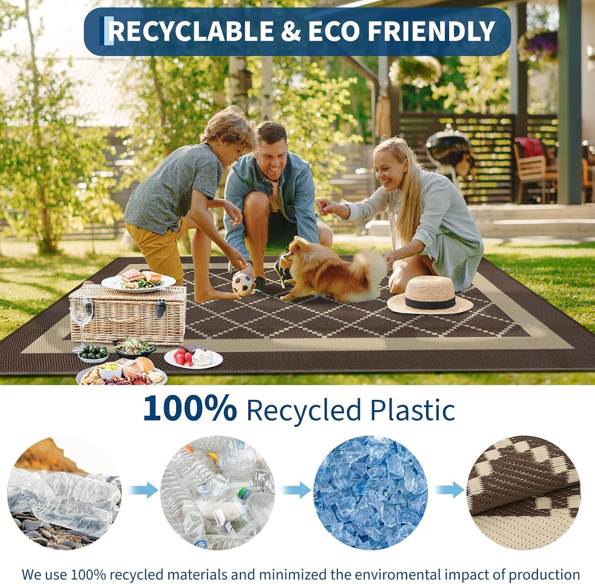 Outdoor Rug 9X18 Waterproof Reversible Plastic Straw Mat, Large Patio Rug Modern Area Rug Indoor Outdoor Rugs for Deck, Balcony, Camping, Beach, Picnic, Porch， Brown&Coffee