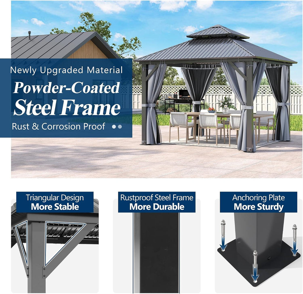 9.5X9.5Ft Outdoor Hardtop Gazebo with Double Roof