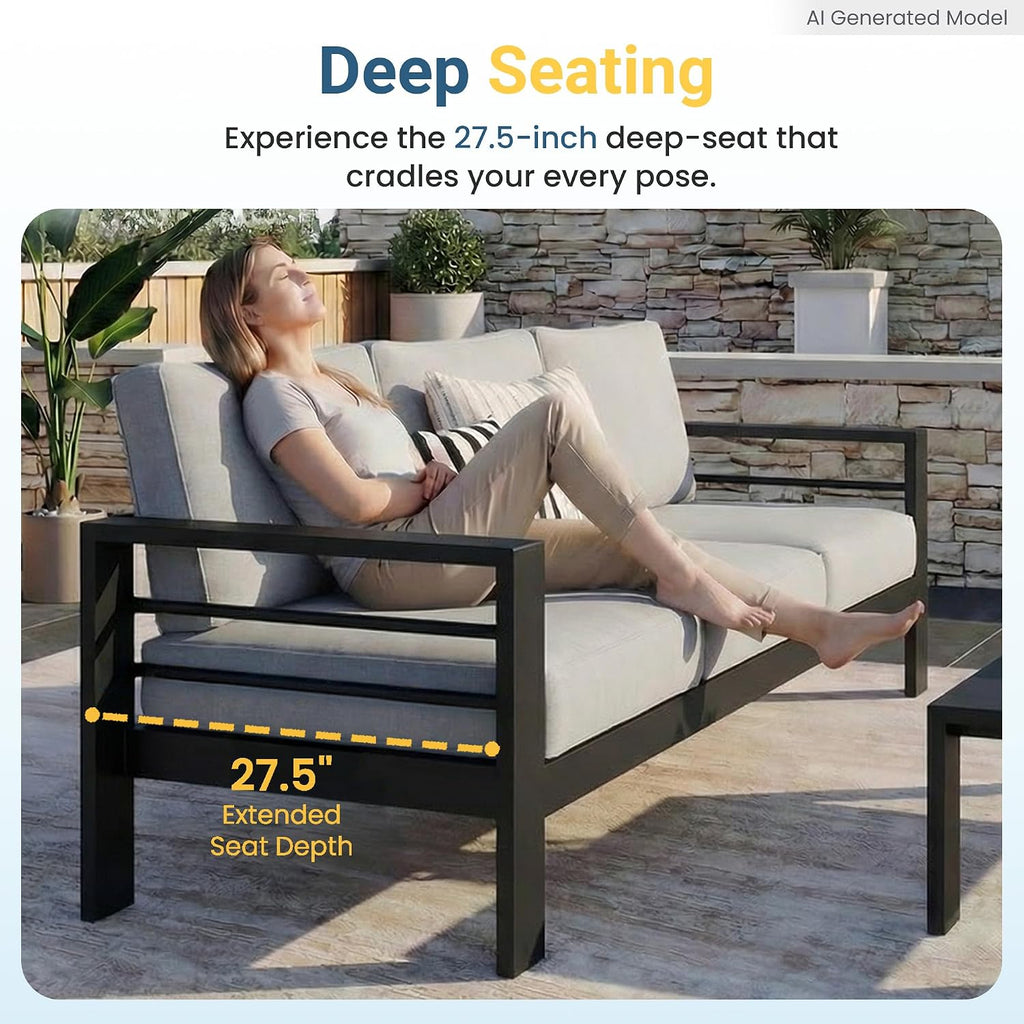 5 Pieces Aluminum Patio Furniture Set with Umbrella, All Weather Oversized Outdoor Furniture Set with Deep Seat and Back Cushion, Patio Conversation Sets Wide Armrest, Light Gray & Gray