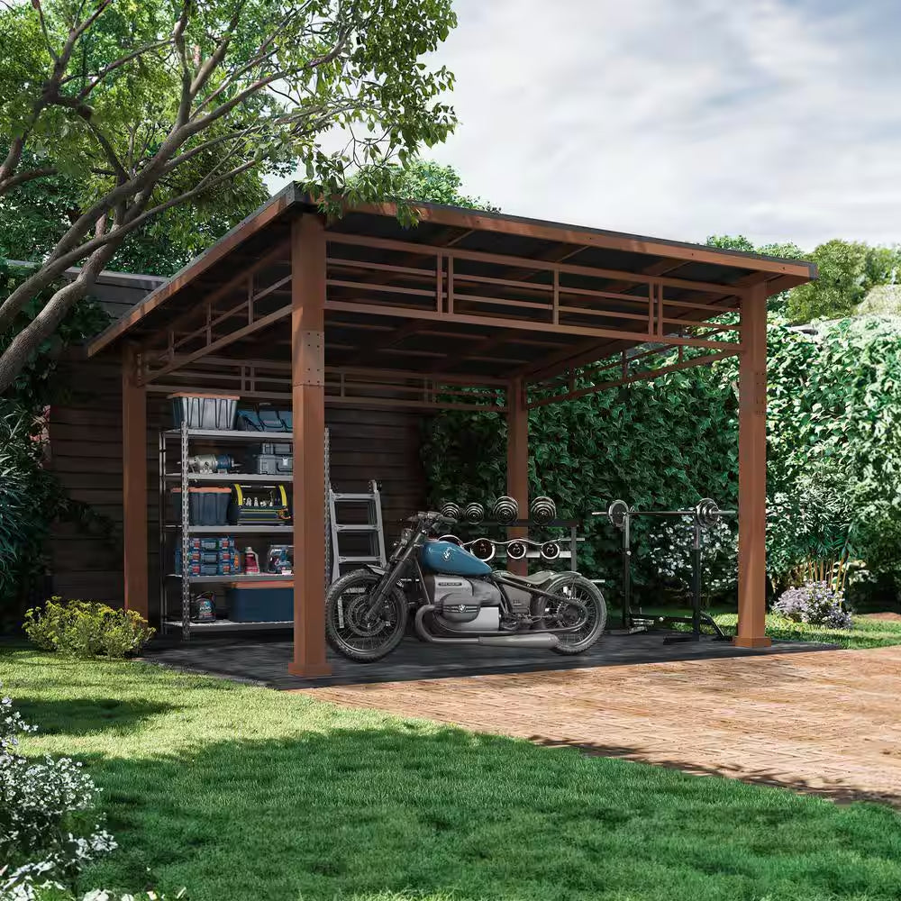 Chandler 10 Ft. X 12 Ft. Brown Cedar Wooden Gazebo Pavilion with Hard Top Iron Slope Roof Grill Gazebo