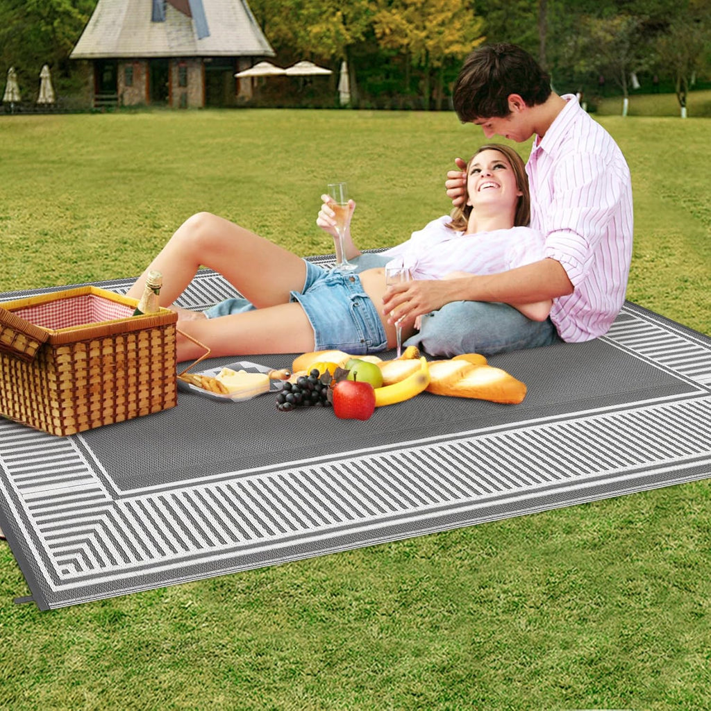 8X10 Outdoor Rug Waterproof Plastic Straw Rug Border Grey