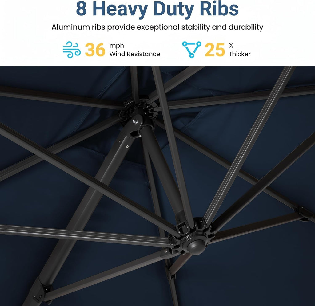 5 Pieces Aluminum Patio Furniture Set with Umbrella, All Weather Oversized Outdoor Furniture Set with Deep Seat and Back Cushion, Patio Conversation Sets with Wide Armrest, Blue & Navy