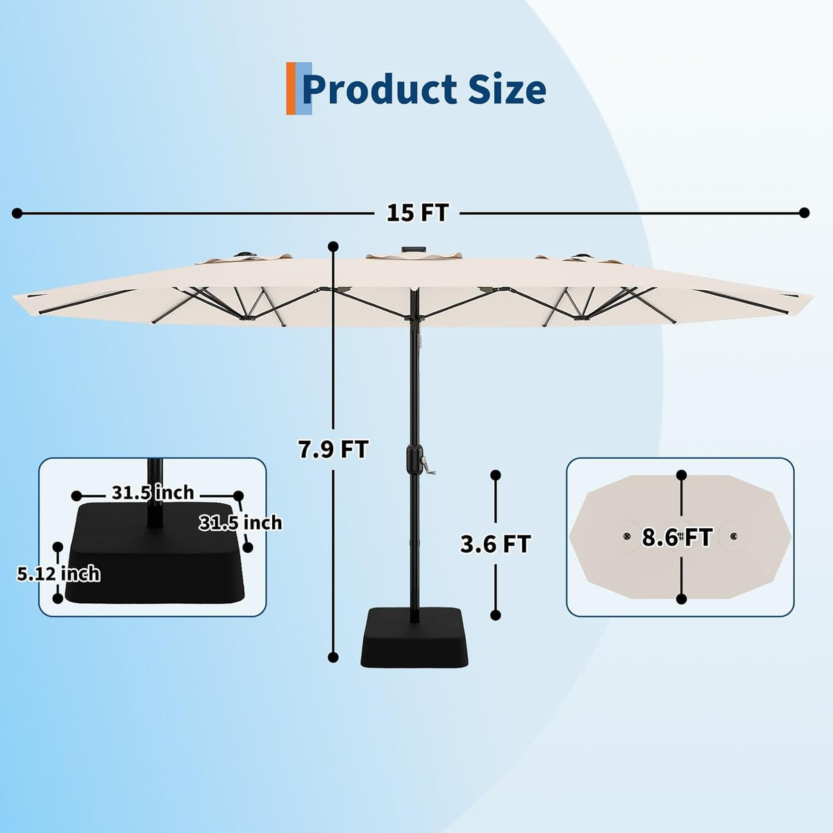 15 Ft Large Patio Umbrella with Base Included, Outdoor Double-Sided Rectangle Umbrella with Crank Handle, Outdoor Umbrella for Backyard, Pool, Patio,