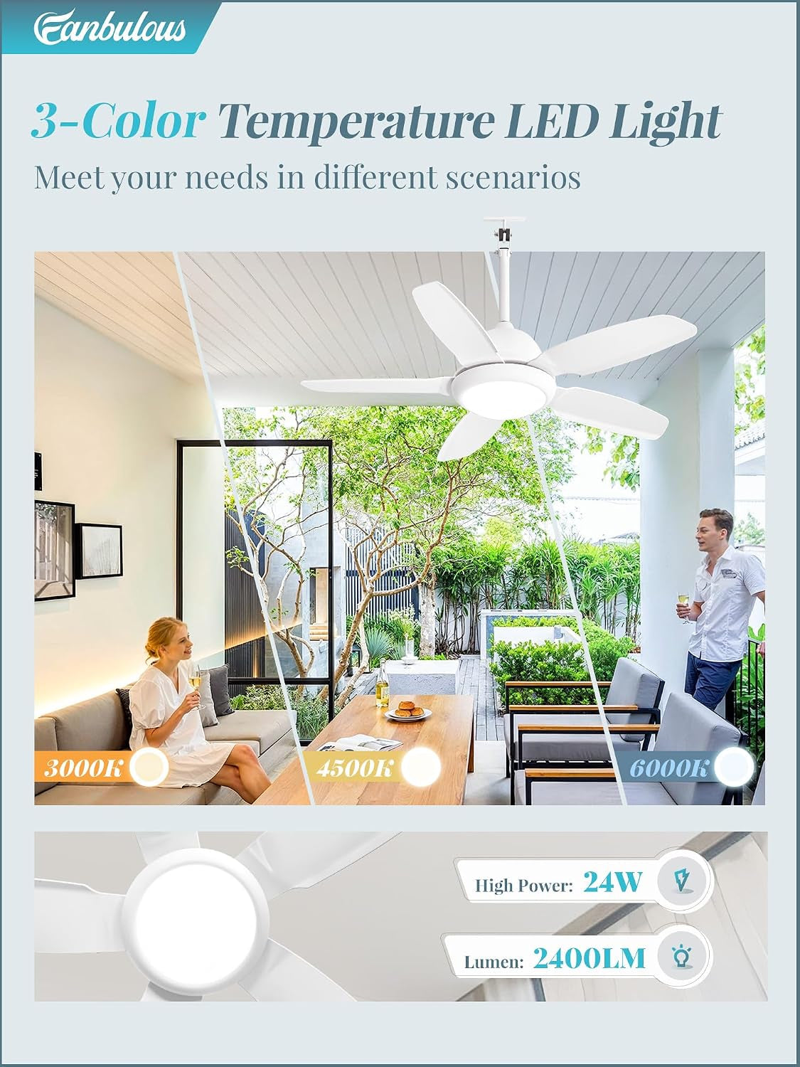 42 Inch Waterproof Outdoor Ceiling Fan with Light for Patio,White
