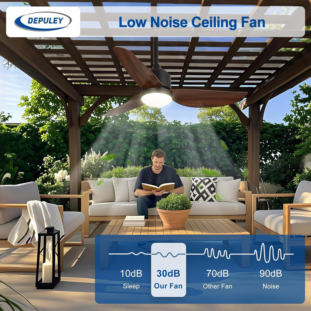 42-Inch Outdoor Ceiling Fans: Walnut Waterproof Gazebo Fans with Lights Remote App Control - 3-Blade Plug-In Outdoor Hanging Fan for Patios Pergola Porch 6 Speed Reversible