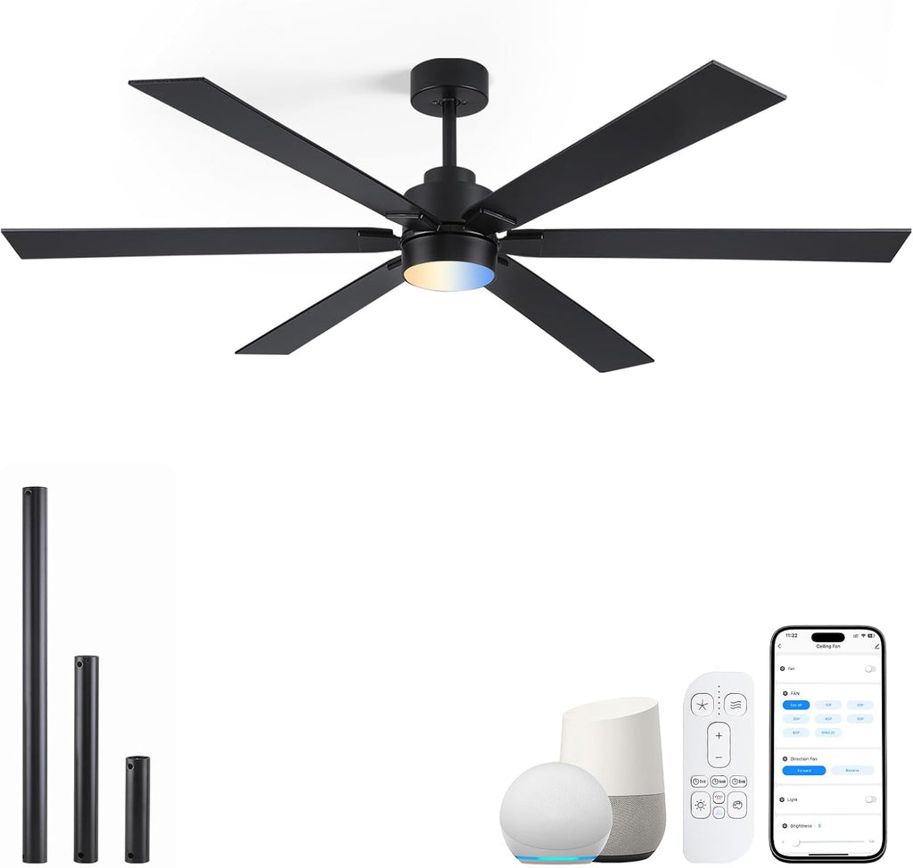 66 Inch Outdoor Smart Ceiling Fan with Light, Works with Alexa, App & Remote Control, Black Modern Style with 6 Blades, High CFM Quiet DC Motor, Damp Rated for Covered Patio & Large Indoor Living Room