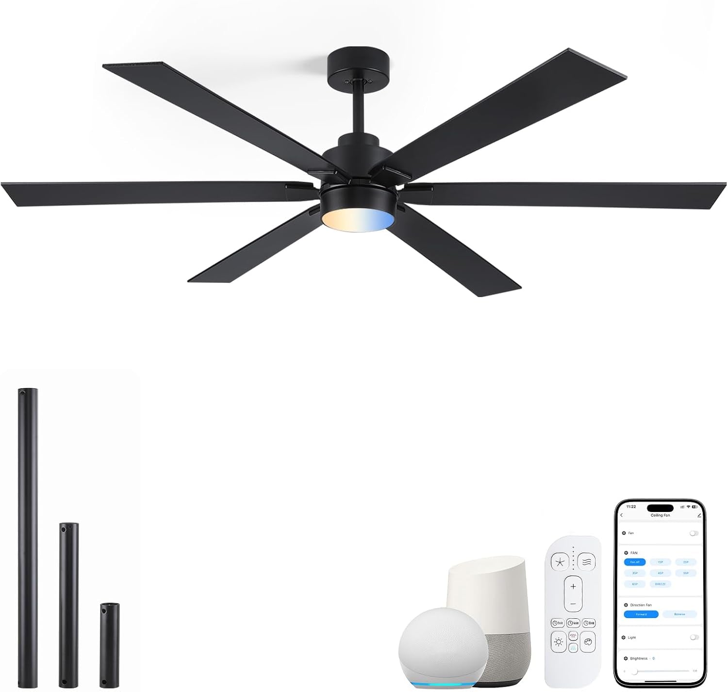 66 Inch Outdoor Smart Ceiling Fan with Light, Works with Alexa, App & Remote Control, Black Modern Style with 6 Blades, High CFM Quiet DC Motor, Damp Rated for Covered Patio & Large Indoor Living Room