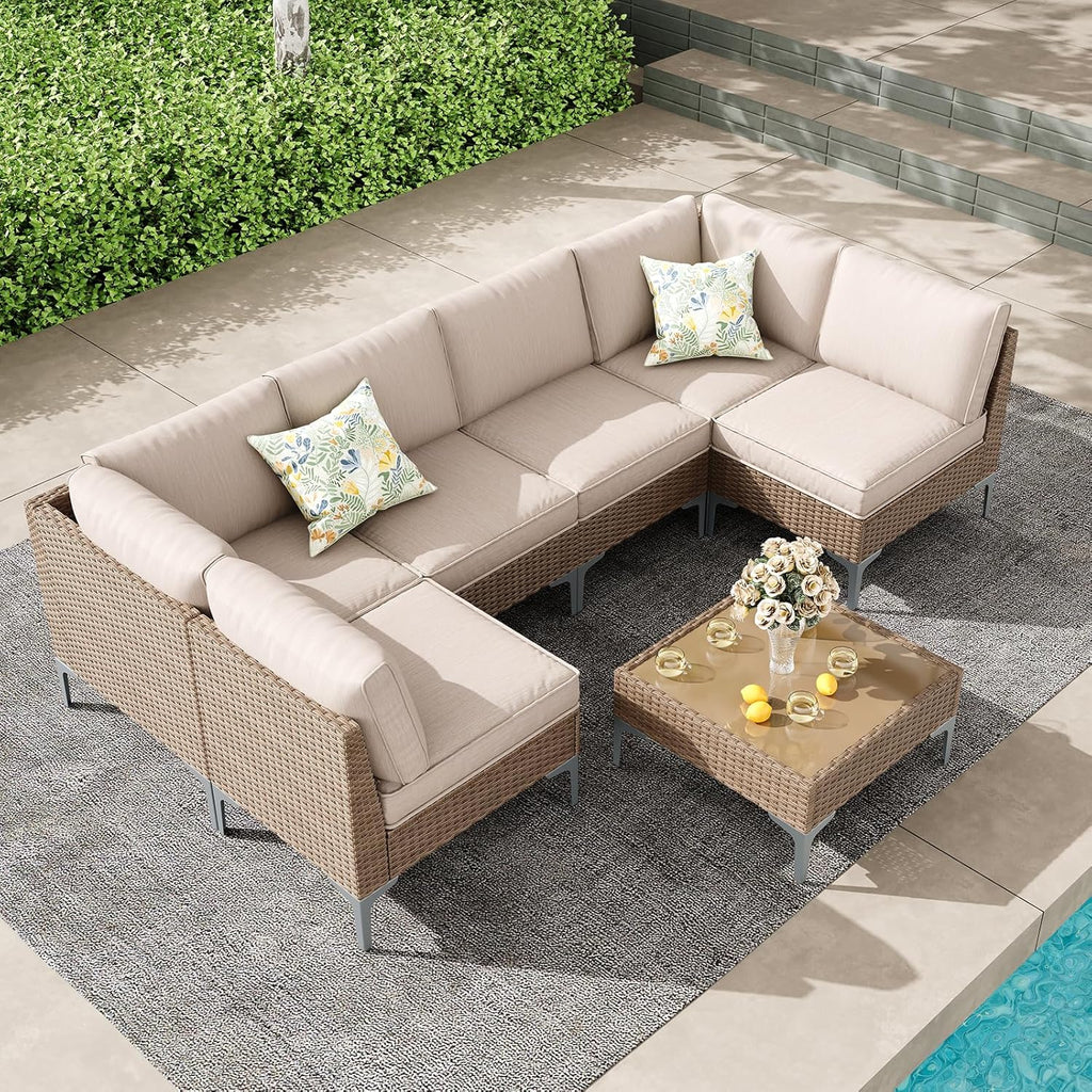 7 Piece Patio Furniture Set, Wicker Modular Outdoor Furniture with Thicker Cushions, Outdoor Couch Sofa for Garden, Poolside, Backyard, Beige