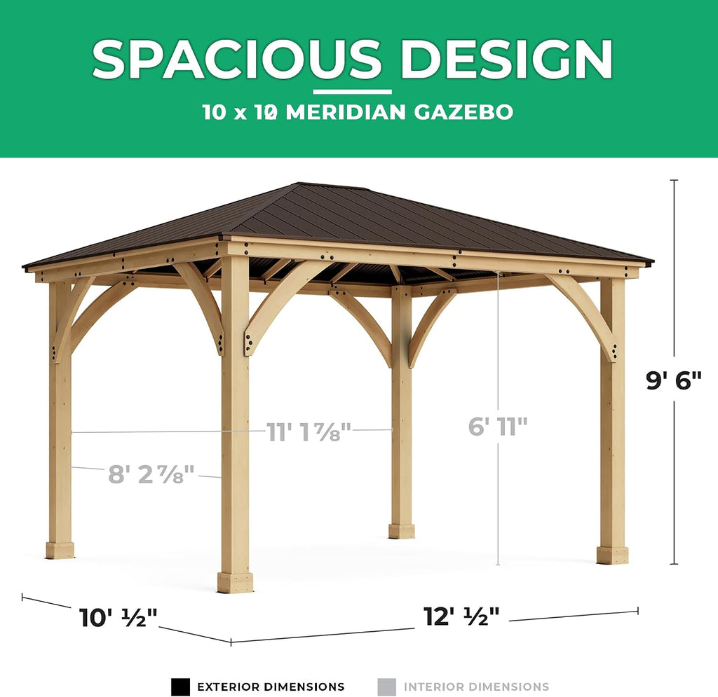10 X 12 Meridian Cedar Wood Gazebo Pavilion for Patios, Decks, Garden, Backyard, Durable, Aluminum Roof