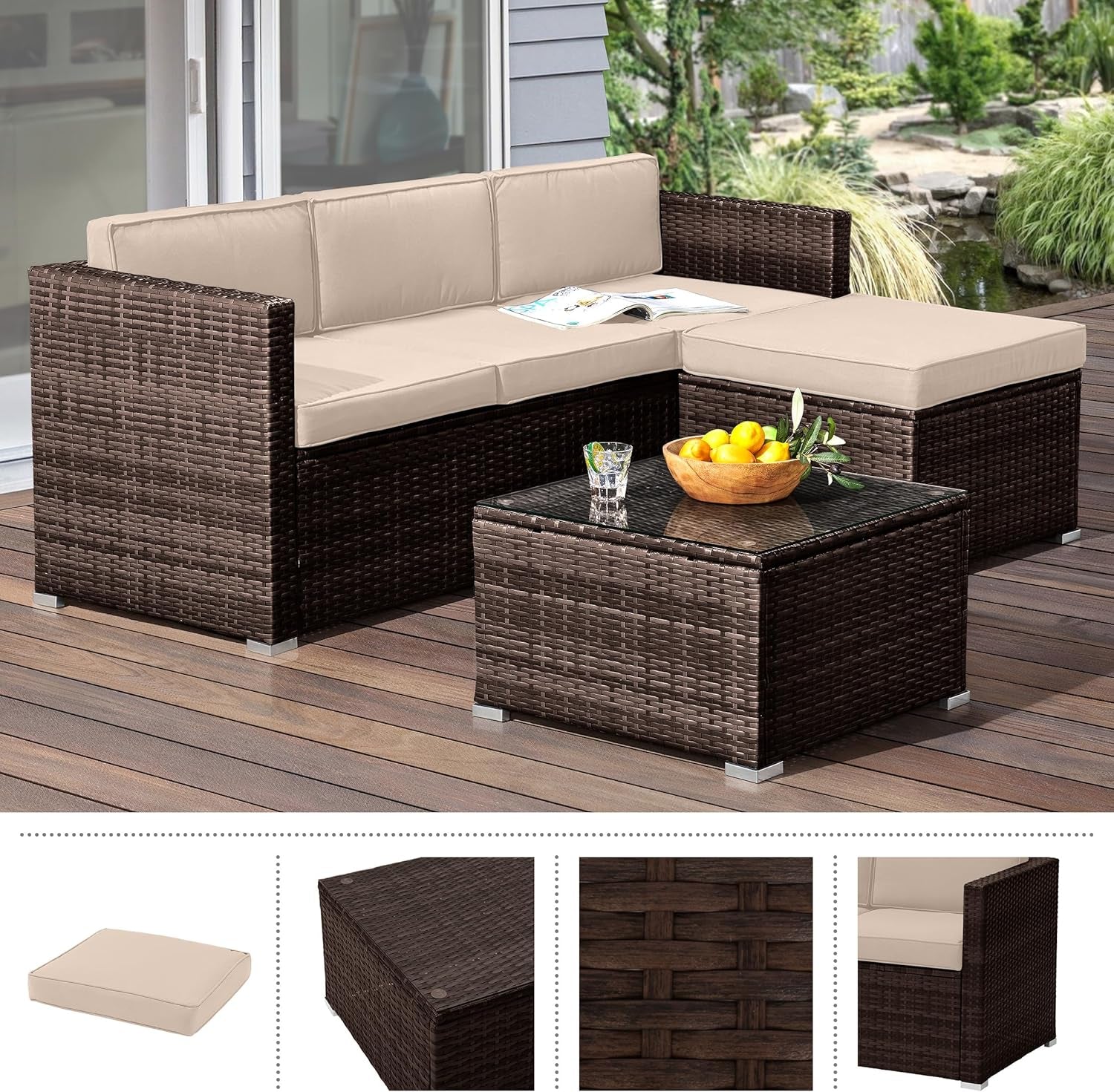 Patio Furniture Set - 3-Piece Rattan Outdoor Sectional, Ottoman, and Table Combo - Deck, Pool, Sunroom, or Backyard Furniture (Brown)