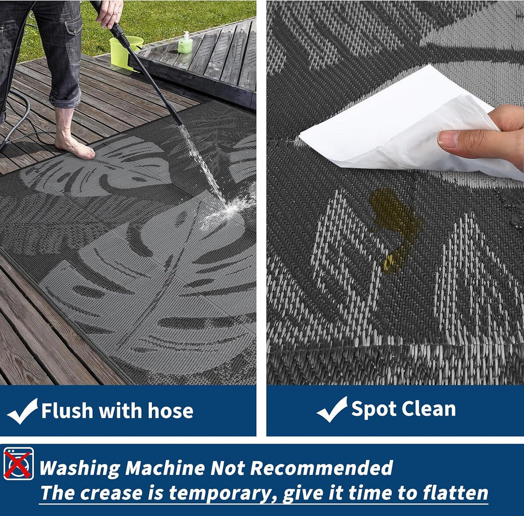 Outdoor Patio Rug 9X12 Waterproof Reversible Mat Leaf Tropical Outdoor Plastic Straw Rug with 4 Stakes and Starage Bag Portable Area Rug for Camping Porch Deck Rv Balcony Backyard Beach, Black