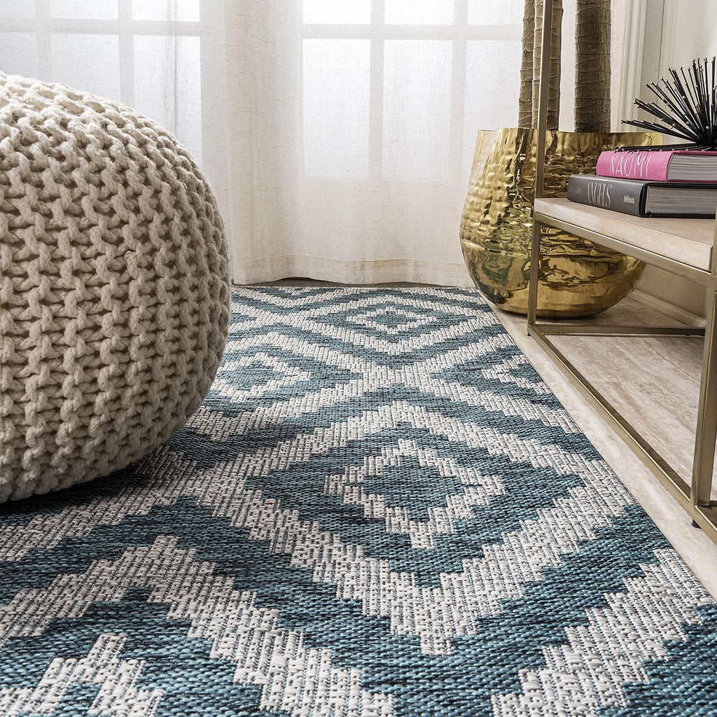 Diamond Tribal Indoor Outdoor Runner Rug 2X8 Blue/Gray, Sintra for Backyard, Patio, Porch, Easy-Cleaning, High Traffic, Pet-Friendly, Non-Shedding (SMB116A-28)