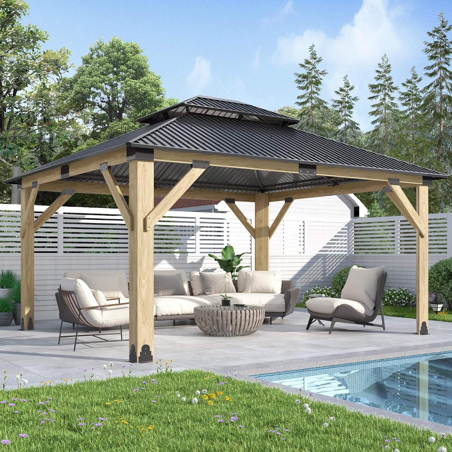 13FT X 15FT Outdoor Wooden Gazebo, Beige