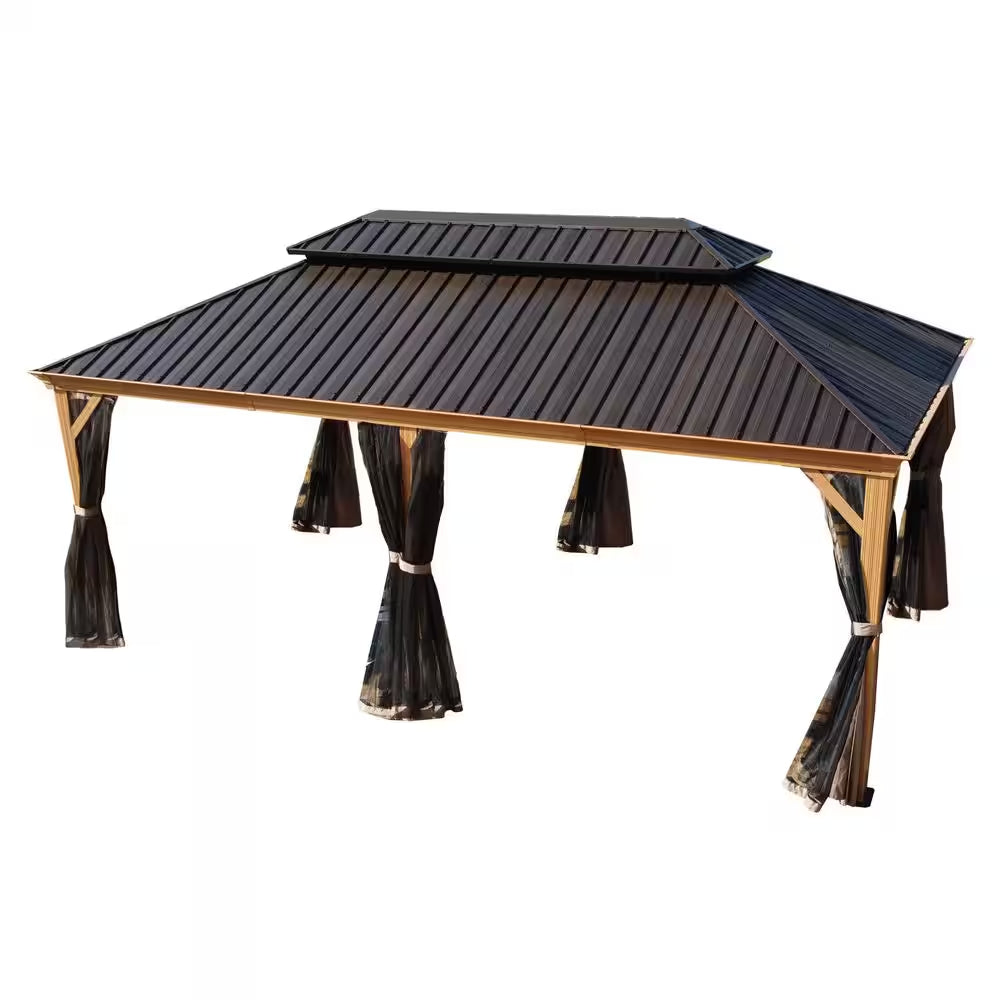 Apollo 12 Ft. X 20 Ft. W Wood like Aluminum Hardtop Gazebo with Galvanized Steel Roof and Mosquito Net