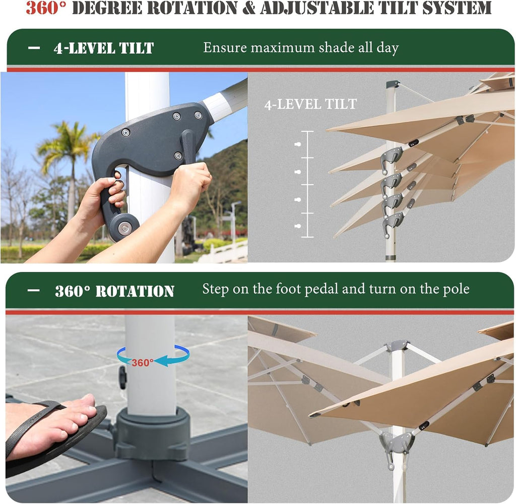 10X10 FT Square Cantilever Patio Umbrella with Solar LED Lights and Cross Base, 360° Rotation Large Heavy Duty Offset Outdoor Umbrella with Easy Tilt for Pool Backyard Deck Garden, Khaki