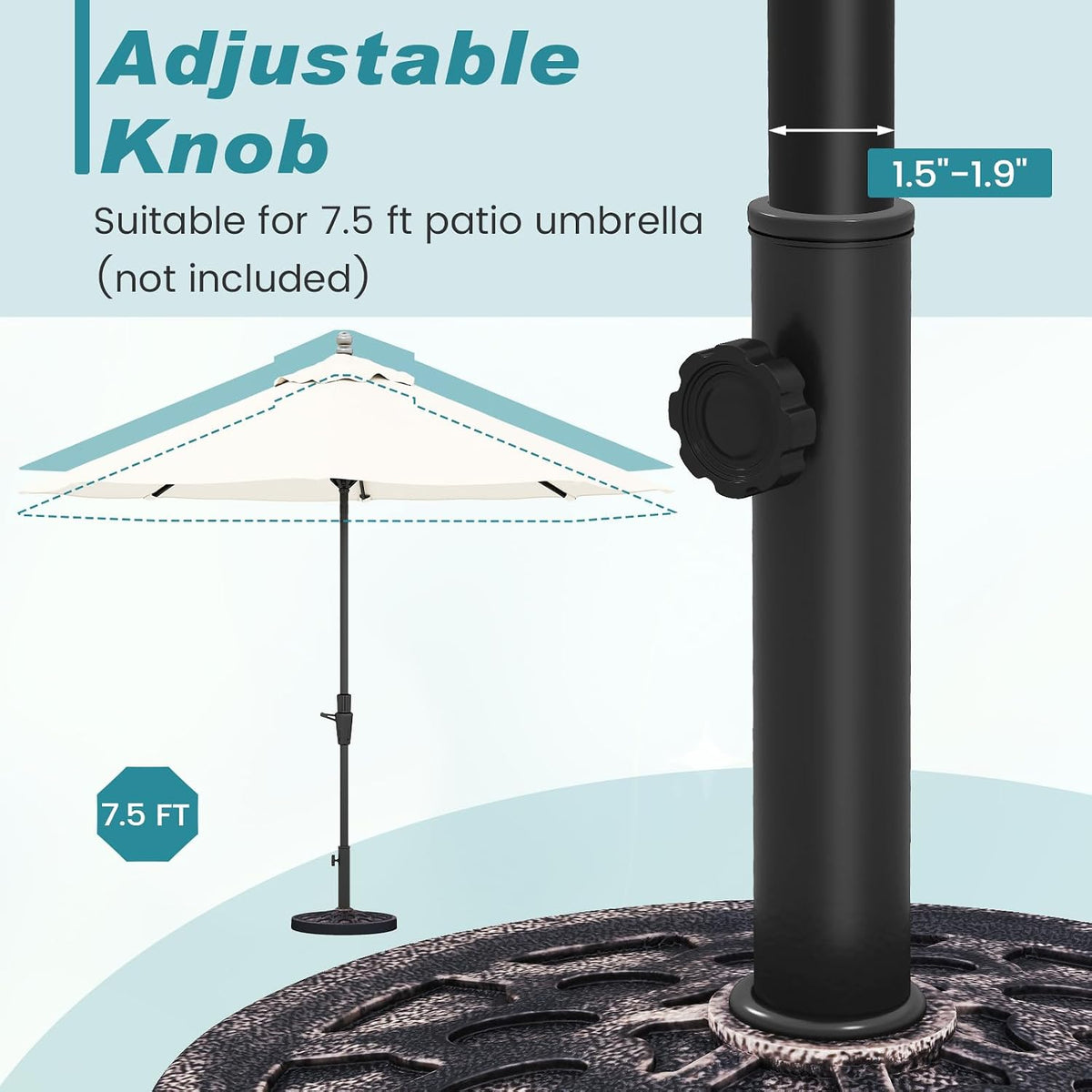 30 Lbs Heavy Duty Umbrella Base, round Parasol Holder with Adjustable Knob for Φ1.5-Φ1.9 Pole, Resin Umbrella Stand with Decorative Pattern, Easy Setup