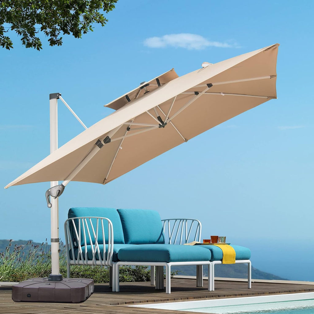 10X10 FT Square Cantilever Patio Umbrella with Solar LED Lights and Cross Base, 360° Rotation Large Heavy Duty Offset Outdoor Umbrella with Easy Tilt for Pool Backyard Deck Garden, Khaki