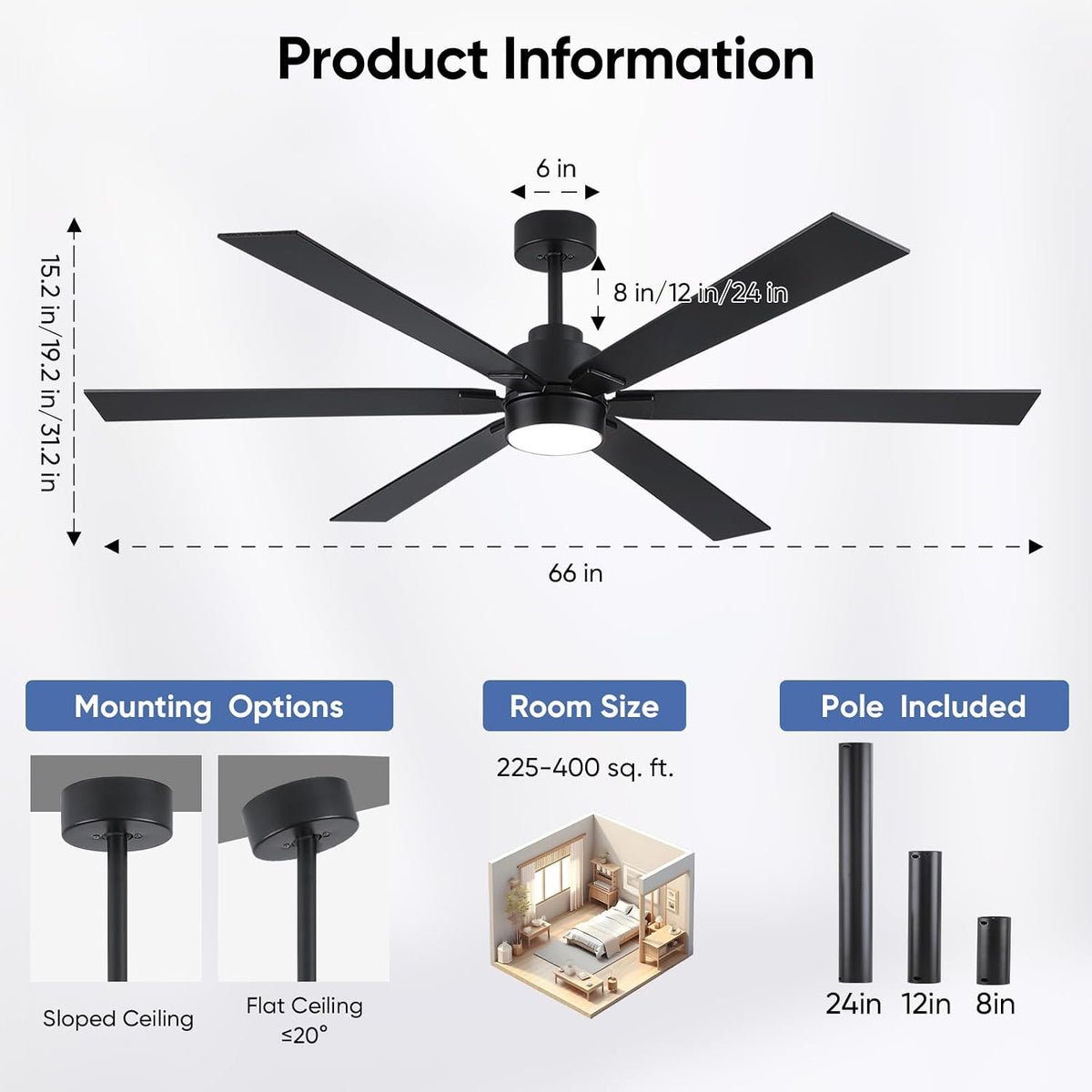 66 Inch Outdoor Smart Ceiling Fan with Light, Works with Alexa, App & Remote Control, Black Modern Style with 6 Blades, High CFM Quiet DC Motor, Damp Rated for Covered Patio & Large Indoor Living Room