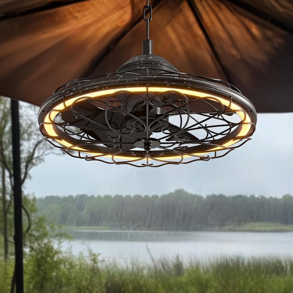 20" Outdoor Ceiling Fan, IP65 Waterproof Gazebo Fan with Light, Remote Control，6 Speeds，3Cct, Plug in Caged Ceiling Fan with Hanging Hook for Patio, Porch, Canopy