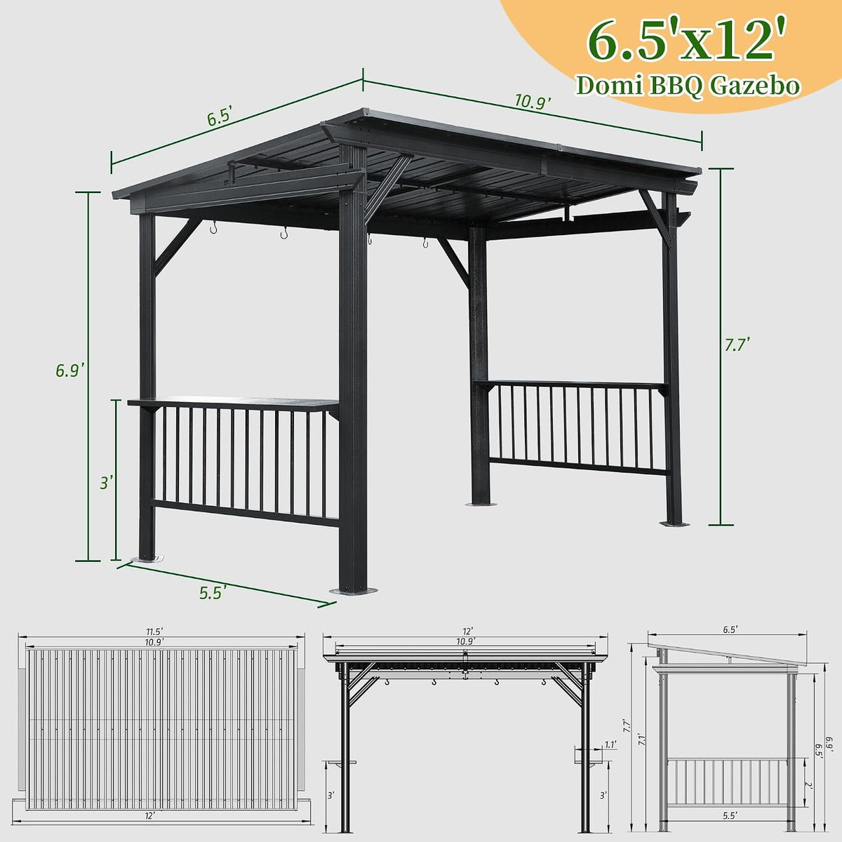 Domi 6.5X12Ft Hardtop Grill Gazebo, Outdoor BBQ Gazebo with 2 Side Shelves