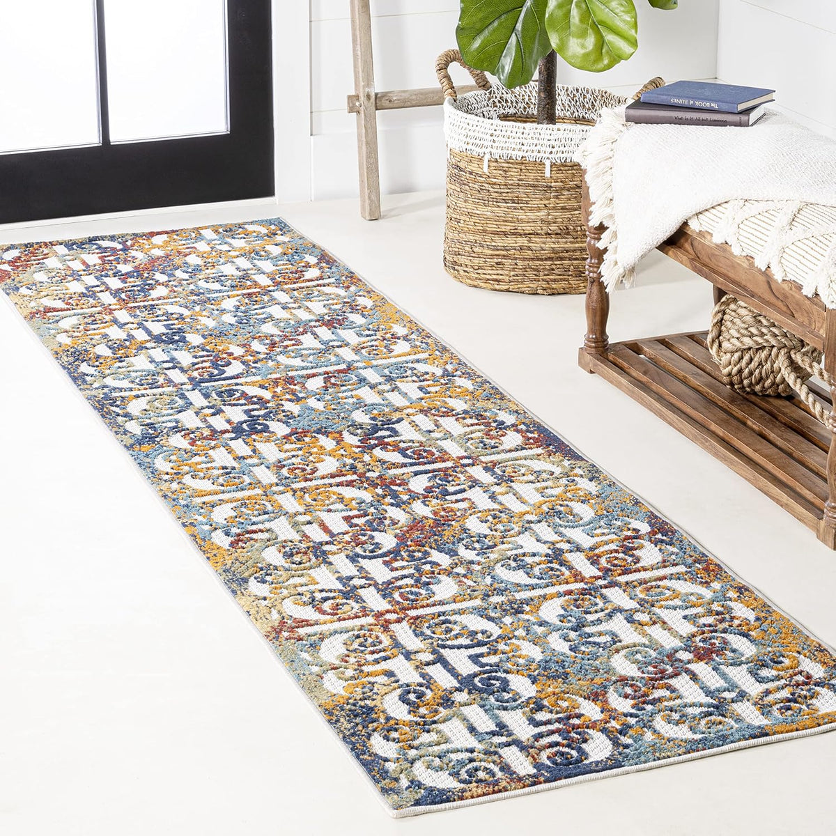 Ornate Trellis Indoor Outdoor Runner Rug 2X8 Cream/Blue/Orange, Cetara for Backyard, Patio, Porch, Easy-Cleaning, High Traffic, Pet-Friendly, Non-Shedding (AMC111A-28)